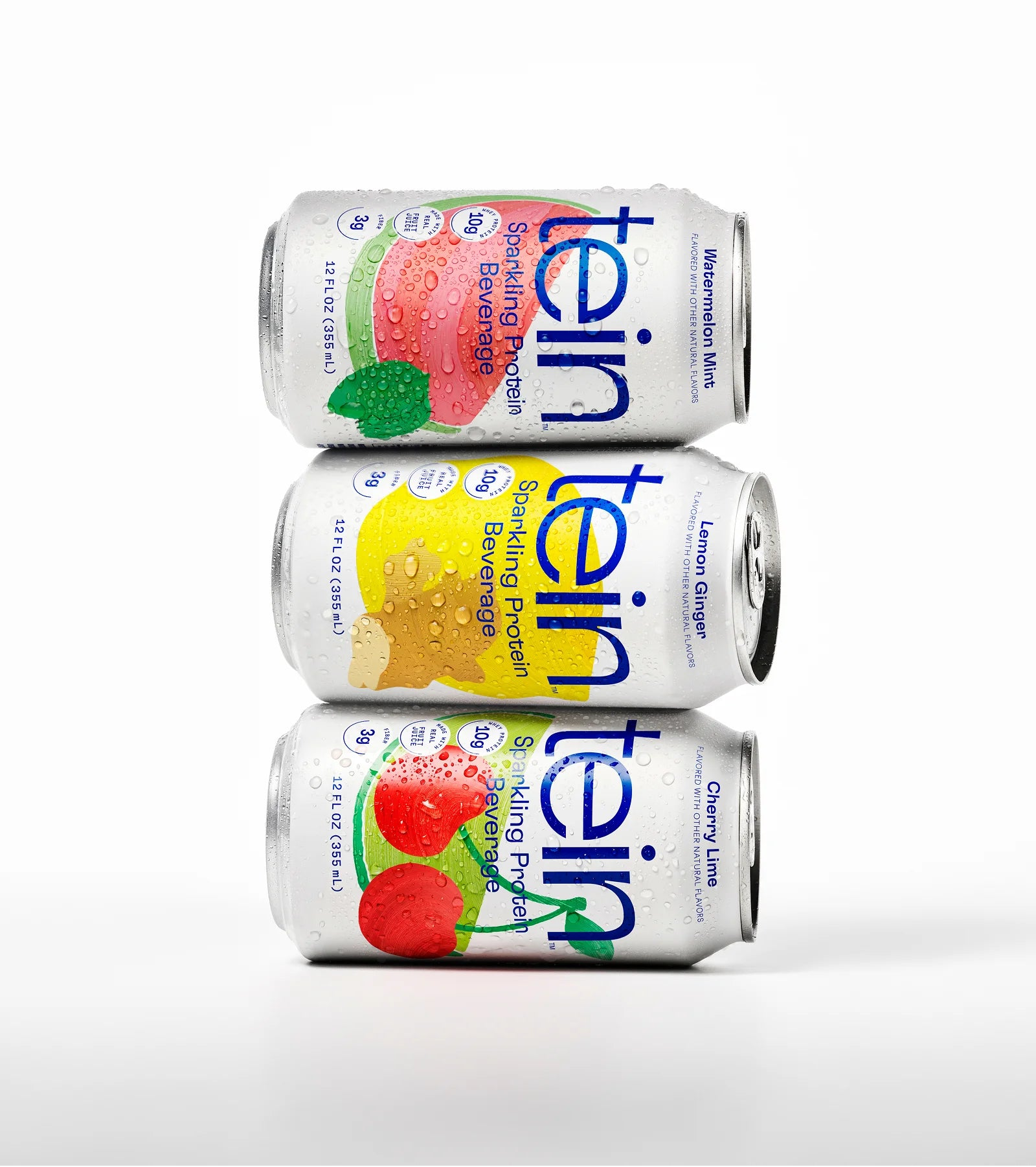 Stacked tein Sparkling Protein Beverage cans in Watermelon Mint, Lemon Ginger and Cherry Lime flavors