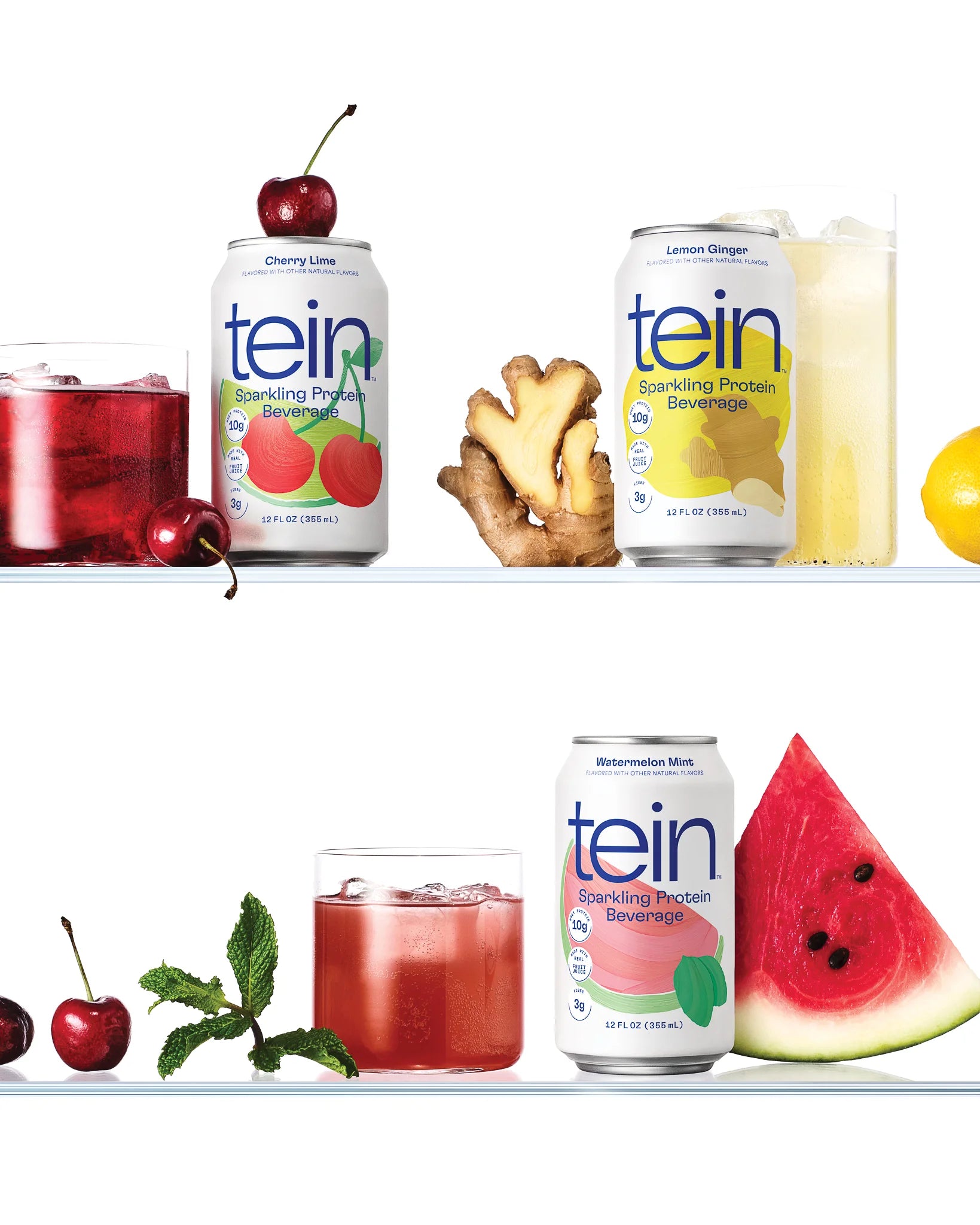 tein Sparkling Protein Beverage in Cherry Lime, Lemon Ginger and Watermelon Mint flavors